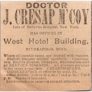 Dr J Cresap M'Coy West Hotel Minneapolis MN 1886 Minneapolis Clipping SAI8-S8